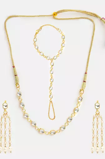Gold plated kundan white beaded necklace set with haathphool
