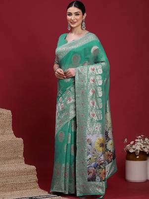 Teal ethnic motifs banarasi fastive saree 4