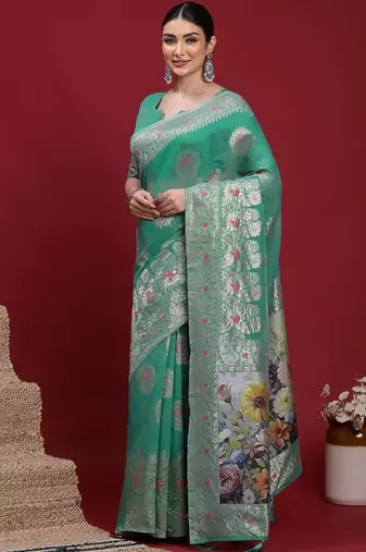 Teal ethnic motifs banarasi fastive saree