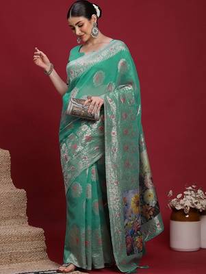 Teal ethnic motifs banarasi fastive saree 5