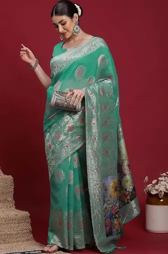 Teal ethnic motifs banarasi fastive saree