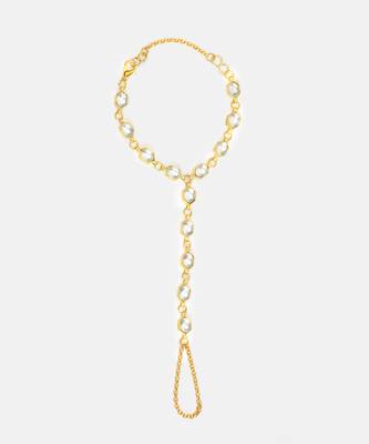 Gold plated kundan white beaded necklace set with haathphool 5