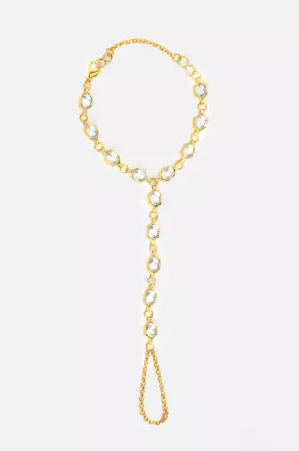 Gold plated kundan white beaded necklace set with haathphool