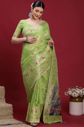 Green ethnic motifs banarasi fastive saree