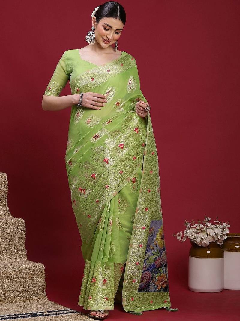 Green ethnic motifs banarasi fastive saree