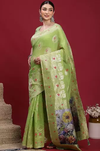 Green ethnic motifs banarasi fastive saree