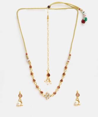 Gold plated kundan brown stones maang tikka with earrings 3