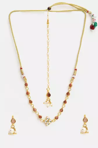 Gold plated kundan brown stones maang tikka with earrings