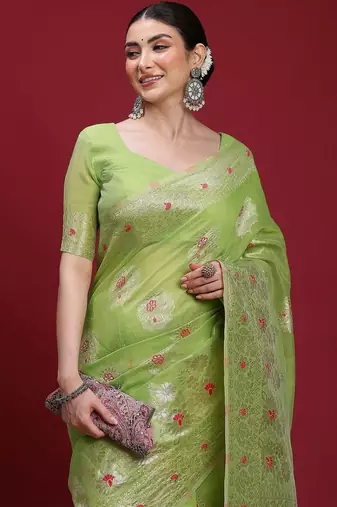 Green ethnic motifs banarasi fastive saree