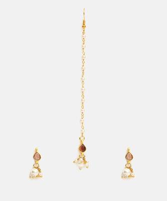 Gold plated kundan brown stones maang tikka with earrings 5