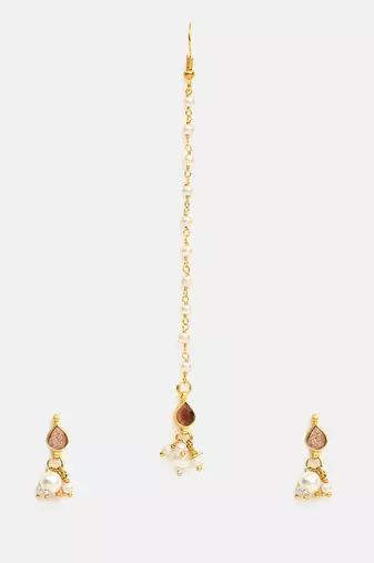 Gold plated kundan brown stones maang tikka with earrings