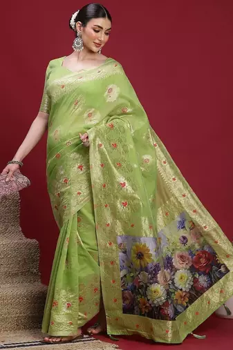 Green ethnic motifs banarasi fastive saree
