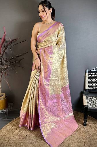 Cream woven design zari silk blend kanjeevaram saree