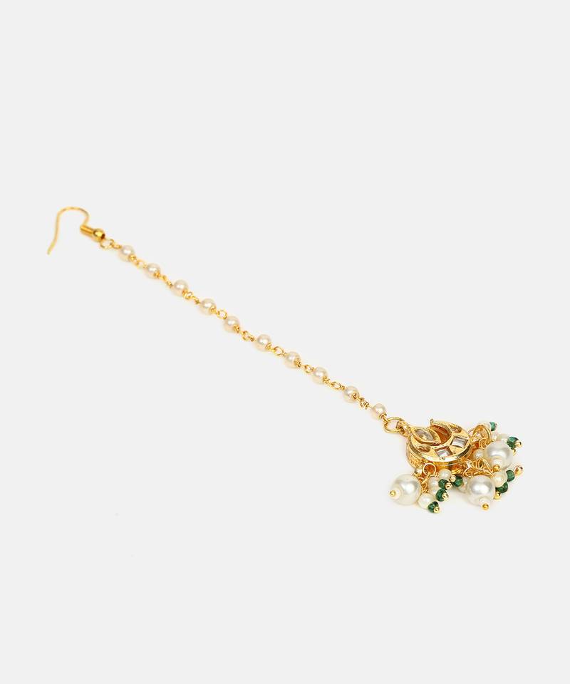 Gold plated kundan green and white beaded maang tikka with earrings