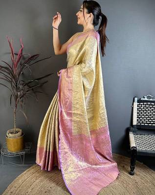 Cream woven design zari silk blend kanjeevaram saree 3