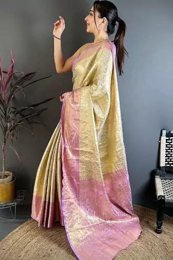 Cream woven design zari silk blend kanjeevaram saree