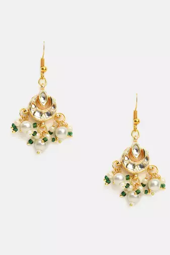 Gold plated kundan green and white beaded maang tikka with earrings