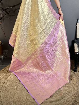 Cream woven design zari silk blend kanjeevaram saree 4
