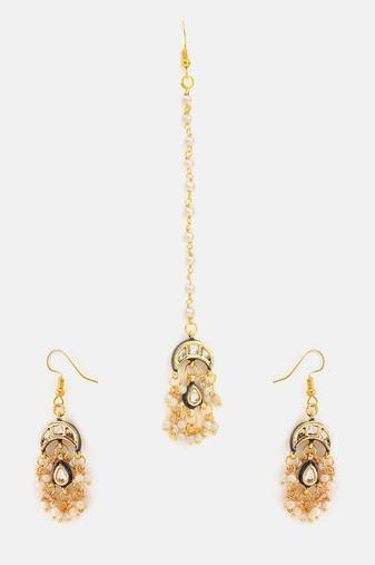 Gold plated kundan blue stone maang tikka with earrings