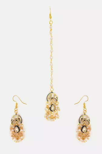 Gold plated kundan blue stone maang tikka with earrings