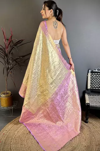 Cream woven design zari silk blend kanjeevaram saree