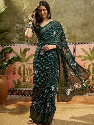 Green printed bandhani sarees 1