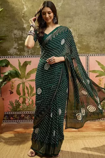 Green printed bandhani sarees