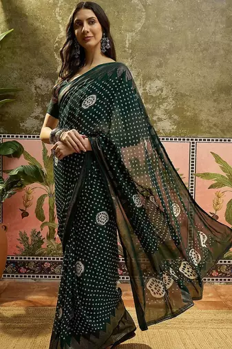 Green printed bandhani sarees