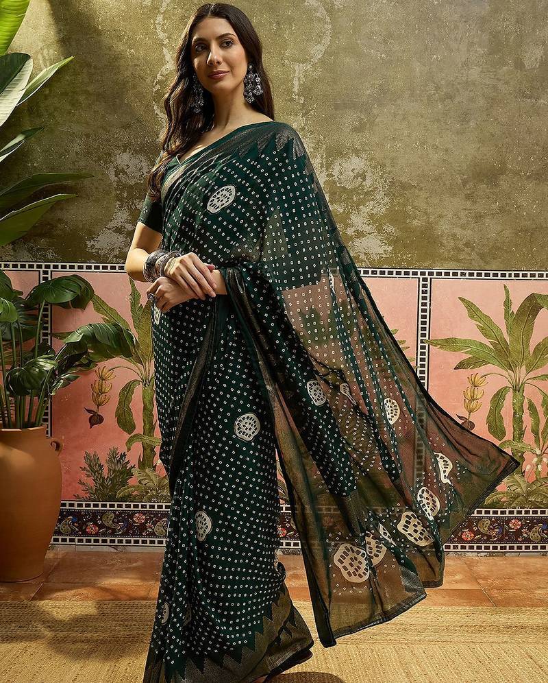 Green printed bandhani sarees