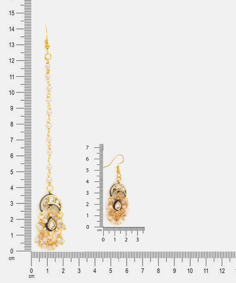 Gold plated kundan blue stone maang tikka with earrings