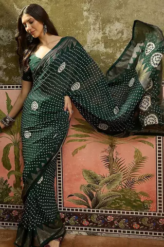 Green printed bandhani sarees