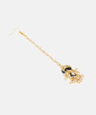 Gold plated kundan blue stone maang tikka with earrings 5