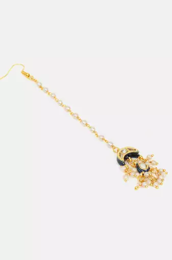 Gold plated kundan blue stone maang tikka with earrings