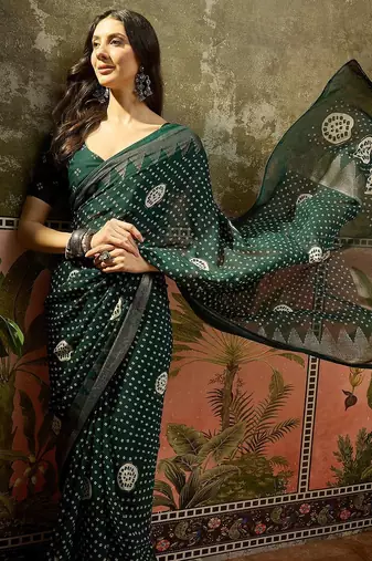 Green printed bandhani sarees