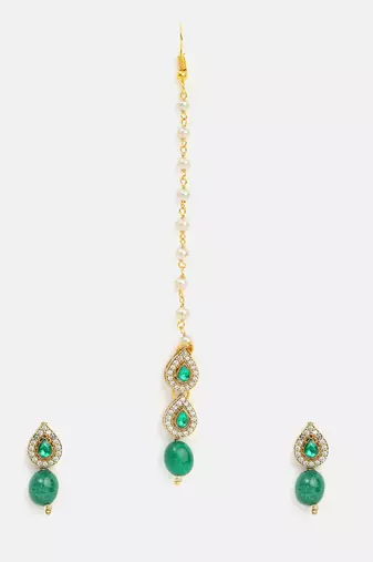 Gold plated kundan green beaded maang tikka with earrings