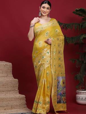 Yellow ethnic motifs banarasi fastive saree 1