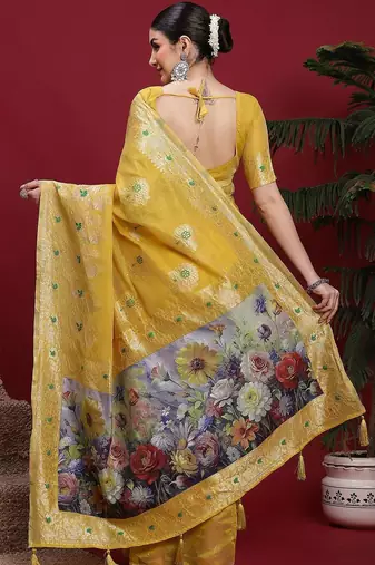 Yellow ethnic motifs banarasi fastive saree