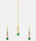 Gold plated kundan green beaded maang tikka with earrings