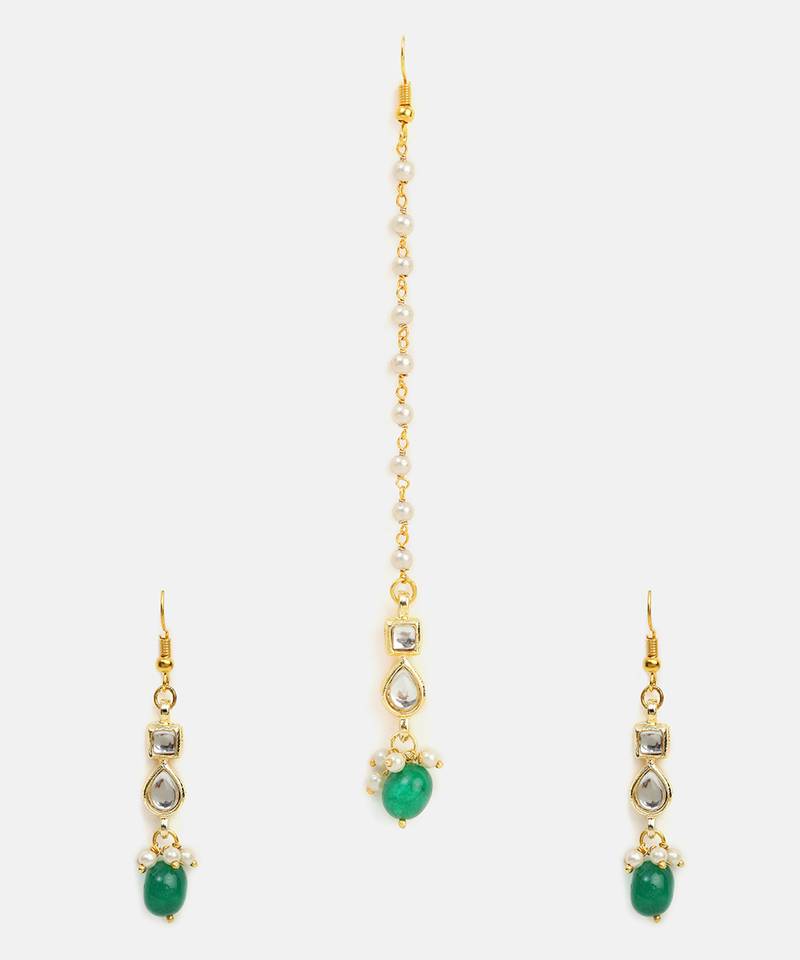 Gold plated kundan green beaded maang tikka with earrings