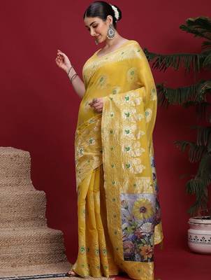 Yellow ethnic motifs banarasi fastive saree 3