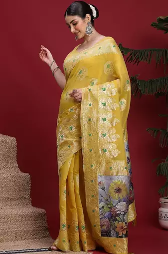 Yellow ethnic motifs banarasi fastive saree