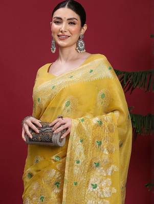 Yellow ethnic motifs banarasi fastive saree 4