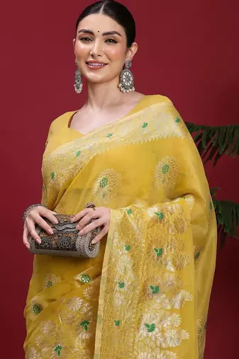 Yellow ethnic motifs banarasi fastive saree