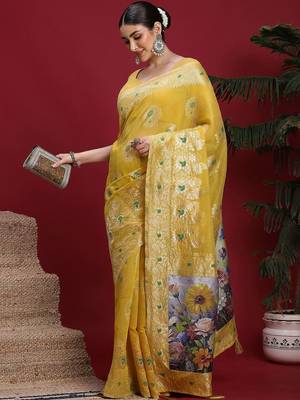 Yellow ethnic motifs banarasi fastive saree 5