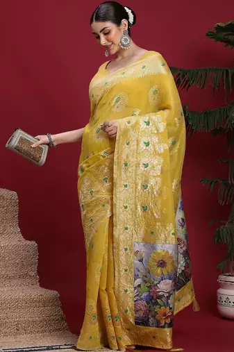 Yellow ethnic motifs banarasi fastive saree