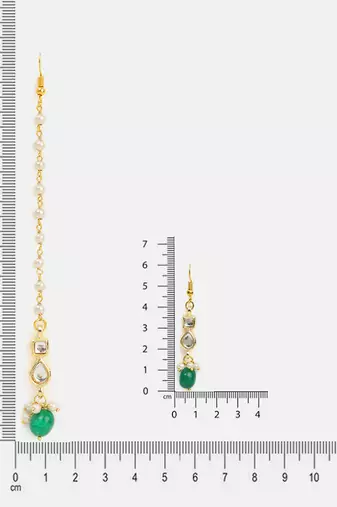 Gold plated kundan green beaded maang tikka with earrings
