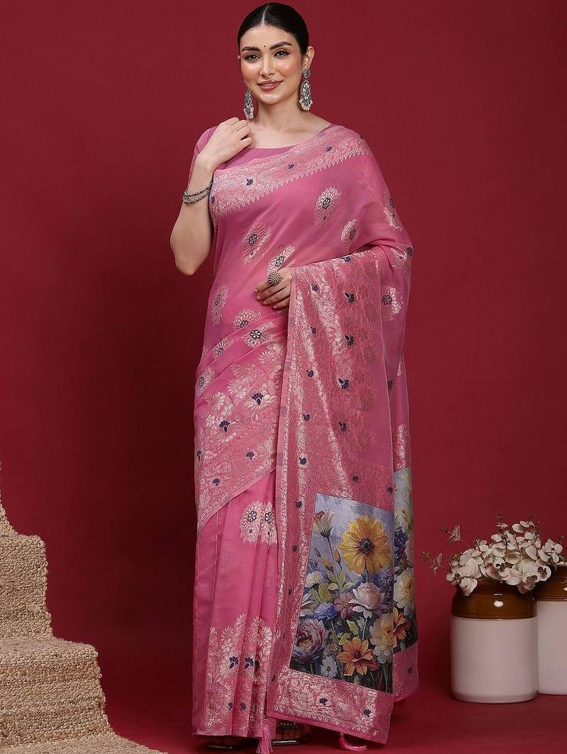 Pink ethnic motifs banarasi fastive saree