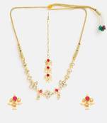 Gold plated kundan pink stone necklace set with maang tikka