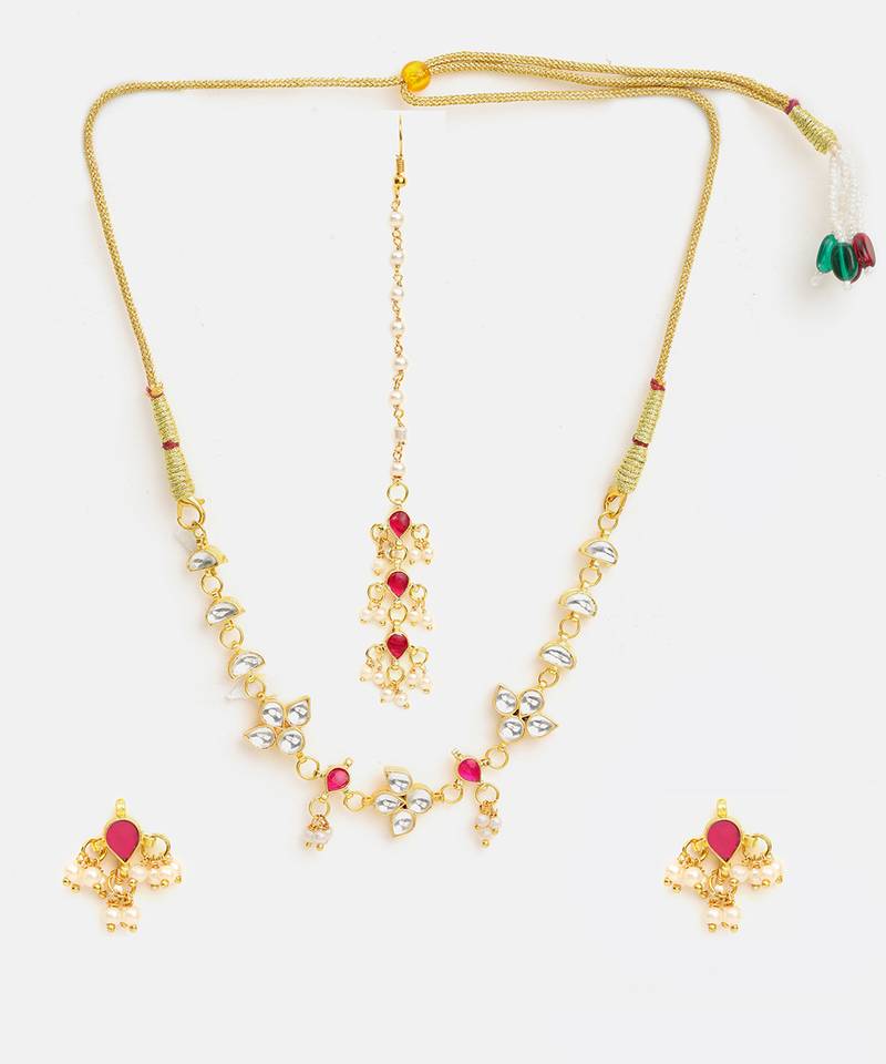Gold plated kundan pink stone necklace set with maang tikka