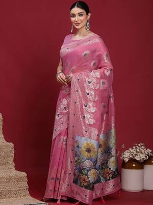 Pink ethnic motifs banarasi fastive saree 3